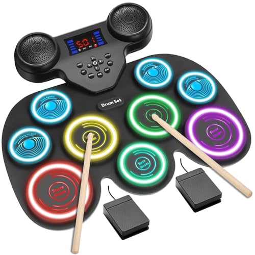 7-Color Dynamic LED Lights Electric Drum Set, 9-Pad Electronic Drum Set Bluetooth MIDI Support, Extra-thick Electric Drum Pads for Better Rebound, Perfect ChristmasBirthday Gift for Kids