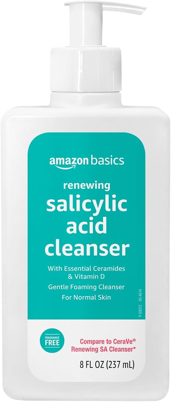 Amazon Basics Exfoliating Face Wash Cleanser, Renewing Salicylic Acid with Ceramides & Vitamin D, Foaming Formula, Smooths Skin, 8 fl oz