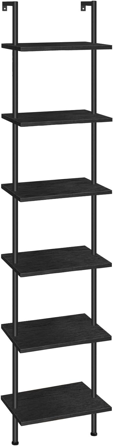 HOOBRO DIY Ladder Shelf, 6-Tier Wooden Wall Mounted Bookshelf, Narrow Bookcase, Display Shelf, Storage Rack, Plant Stand, for Living Room, Bedroom, Study, Balcony, Black BB651CJ01