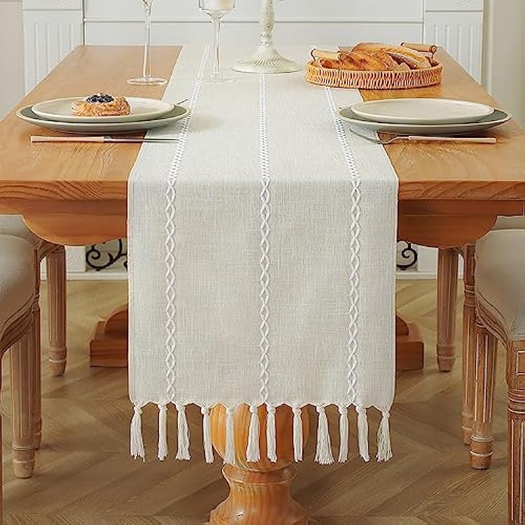 Laolitou Rustic Table Runner with Tassels, Embroidered Cotton Linen Table Decoration for Holiday Party, Farmhouse Table Runners, Wedding and Dining Decorations, 108 Inches, Ivory