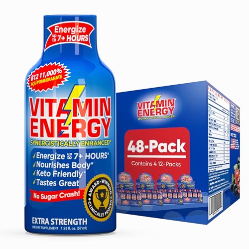 Vitamin Energy B12 11,000% Extra Strength Energy Shot Acai Pomegranate 48 Pack, 260mg Natural Caffeine, B12 & B6, Nootropic Focus, Vitality, Zero Sugar, Gluten-Free, Vegan, Kosher, 1.93 fl oz