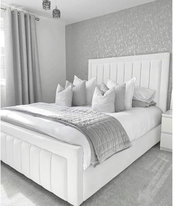 Chesterfield Border Panel Bed Frame - UK made - Double/King/Super King Size Plush Velvet Fabric Upholstered (White Plush, Double)