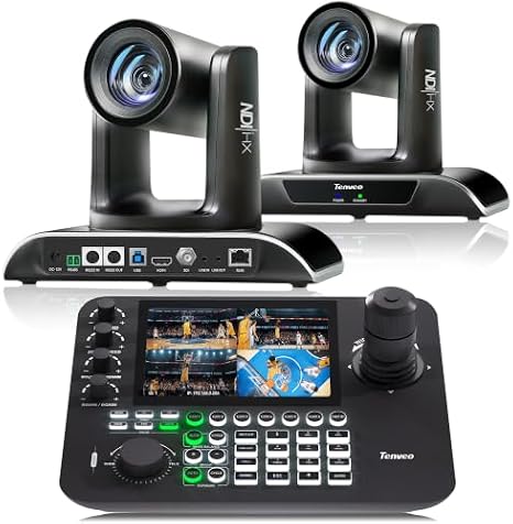 Tenveo PTZ Camera Bundle/Kits - 30X AI Auto Tracking NDI SDI/HDMI/USB3.0/LAN(PoE) PTZ Camera(2pcs) and 7 LCD Quad-Screen NDI PTZ Joystick Controller Kit for Church Worship Services Live Streaming