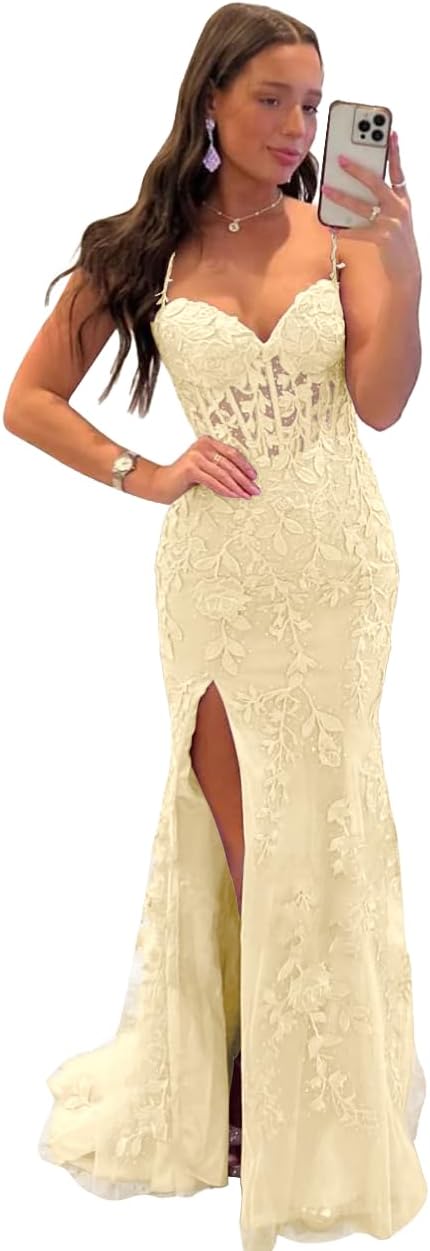Mermaid Prom Dress for Women Long Tulle V Neck Lace Appliques Spaghetti Straps Formal Evening Party Gowns with Slit