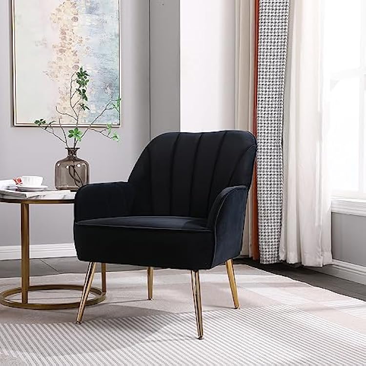 Velvet Upholstered Accent Chair, Mid Century Modern Single Sofa Chair with Metal Legs and Soft Cushions, Sherpa Armchair for Living Room Bedroom Office Black