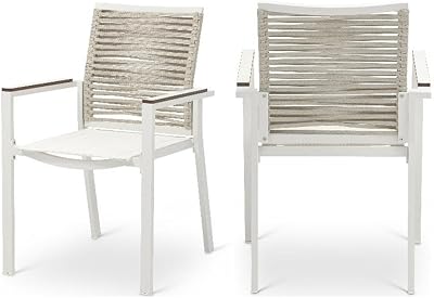 Meridian Furniture 343Beige-AC Maldives Collection Modern | Contemporary Outdoor Patio Dining Arm Chair, Cream Mesh Seat, Beige Rope Fabric, Aluminum Frame, 22.5 W x 23 D x 34.5 H, Cream, Set of 2