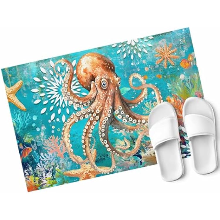 Ocean Octopus Door Mat Indoor Entrance 31.5x20, Marine Life Coral Starfish Retro Non Slip Front Door Mats Washable Low-Profile Absorbent Doormat for Inside Floor Entryway Laundry Kitchen