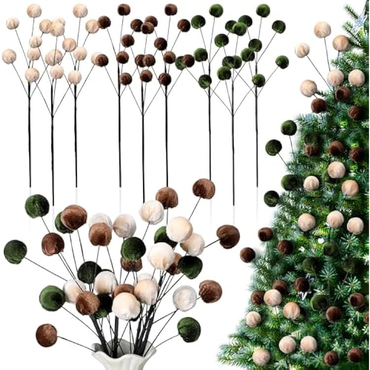 Thiccywoov 6 Pcs 14 Inch Christmas Tree Picks Velvet Christmas Ornaments Spheres Ball Pick Velvet Xmas Tree Branches Hanging Decoration Wreath Home Office Party Ornament