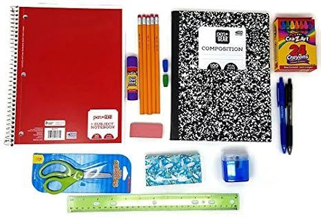 Back to School Supplies (Spiral Notebook, Composition Book, Pencils, Ink Pens, Erasers, Pencil Sharpener, Scissors, Tissue (18 Items) (Bundle)