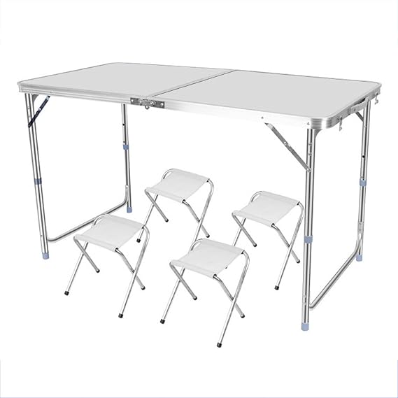 FOLDING CAMPING TABLE AND CHAIRS 4 FOLDABLE PICNIC GARDEN STOOL BBQ OUTDOOR SET TRESTLE PICNIC BOAT CARAVAN ADULT KIDS HEIGHT ADJUSTABLE WITH STOOLS SEATS BENCH POP UP PORTABLE COMPACT (White)