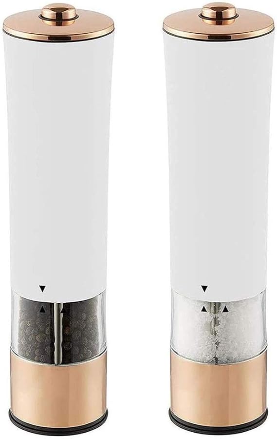 Electric Salt and Pepper Grinder Set - Automatic Adjustable Shakers - Stainless Steel Powered Spice Mills - Battery Operated Kitchen Peppermills, One Handed Push Button, 2 Pcs(White)
