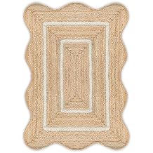 Wave Scalloped Natural Jute Rug Boho Jute Rug Entryway Runner Rug Farmhouse Scallop Rug, Off White (2'x3')