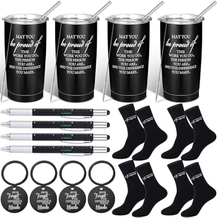 16 Pcs Thank You Gift for Men Employee Appreciation Gifts 20 oz Stainless Steel Tumbler with Lid Straw Thank You Socks Inspirational Keychain Ballpoint Pen Gift for Coach Men Teacher Male Staffh