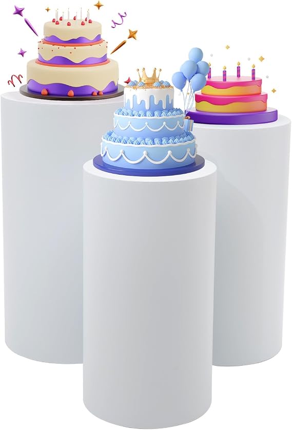3 PCS Cylinder Stands for Party, Cylinder Pedestal Stand, Metal White Cake Pedestal Stand for Party Wedding Baby Shower Birthday Event Decor, 24''(L) 22''(M) 19''(S)