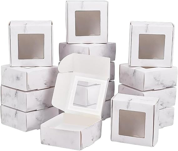 BENECREAT 30 Pack of Marble Cookie Boxes 6.5 x 6.5 x 3 cm with Window White Bakery Treat Boxes for Sweets, Small Objects