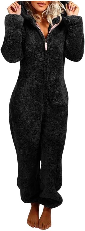 WUAI-Women Hooded Fleece Jumpsuits Long Sleeve One Piece Pajama Union Romper Overall Zip up Playsuit Sleepwear