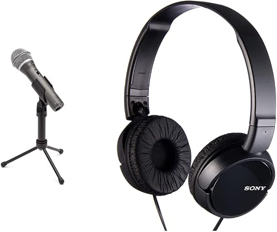 SAMSON Q2U Recording and Podcasting Pack - USB/XLR Dynamic Microphone with Accessories 16-bit, 44.1kHz/48kHz, Silver & Sony MDR-ZX110 Overhead Headphones - Black