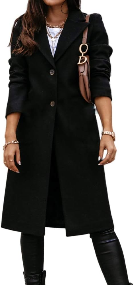 ASHER FASHION Women's Long Sleeved Lapel Maxi Cardigan Winter Woollen Overcoat, Button Trench Coat
