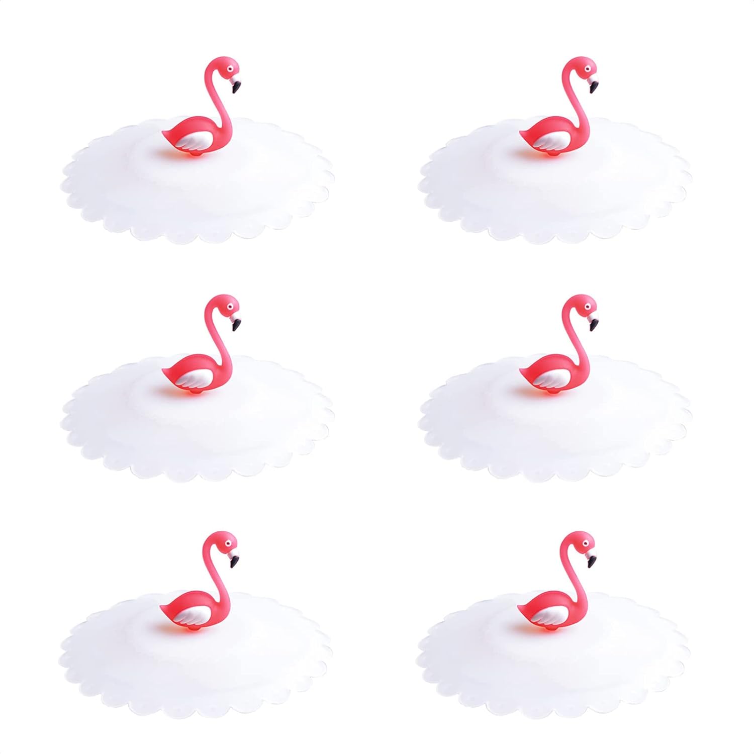 Silicone Cup Lids, Creative Flamingo Round Mug Cover [Set of 6] Food Grade Anti-dust Airtight Seal Silicone Drink Cup Lids for Coffee Beer Mug Wine Glass Home Outdoors Bar Cup Cover for Bugs