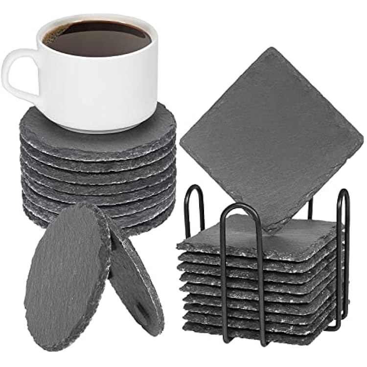 Slate Coasters for Drinks with Holder- Set of 20- Durable & Natural Stone Tiles for Drinks, Perfect for Crafts, Laser Engraving, Non-Slip Surface 20