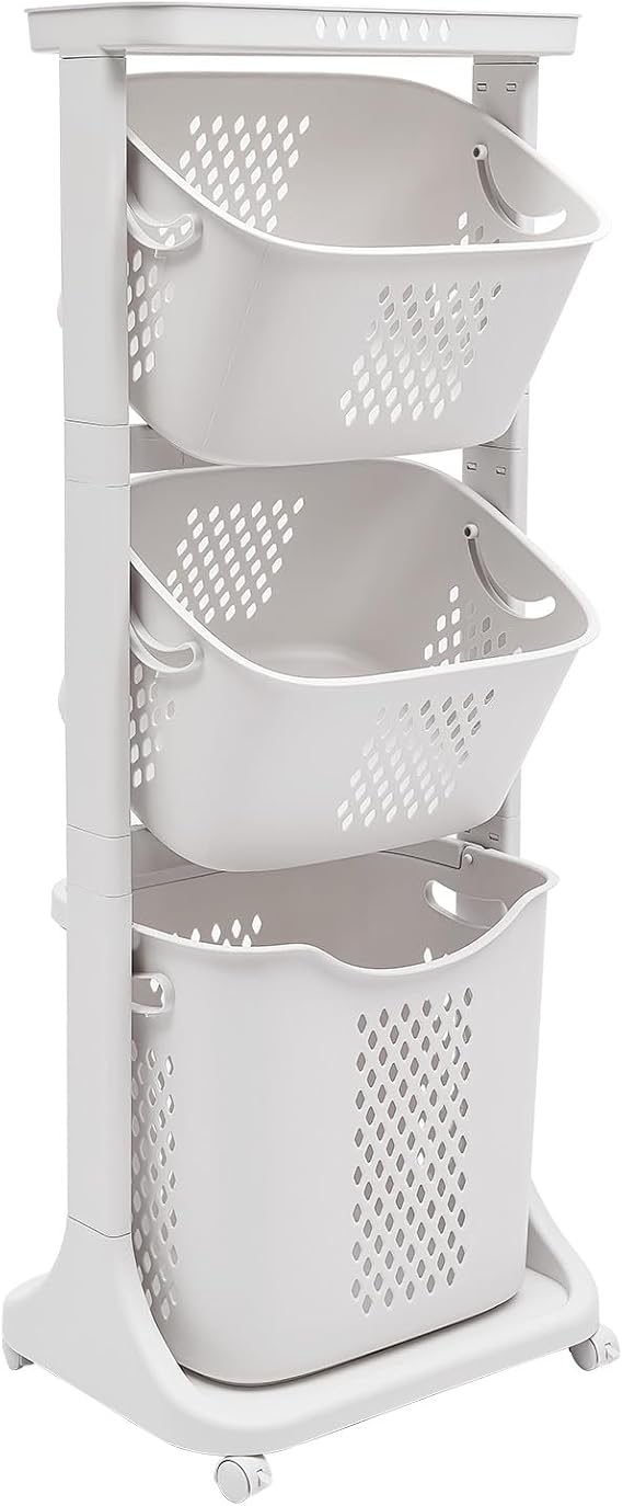 3 Tier Rolling Laundry Hamper Multi-layer Clothes Storage Basket Household with 4 Wheels Removable Storage Basket Simple Kitchen Shelf Fruit Stand Clothes (3 Tier, White)