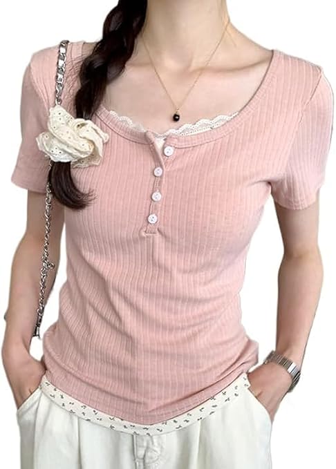 Women Coquette Clothes Y2K Cutecore Lace Trim Baby Tees Girly Aesthetic Floral T Shirts Fairycore Alternative Outfits