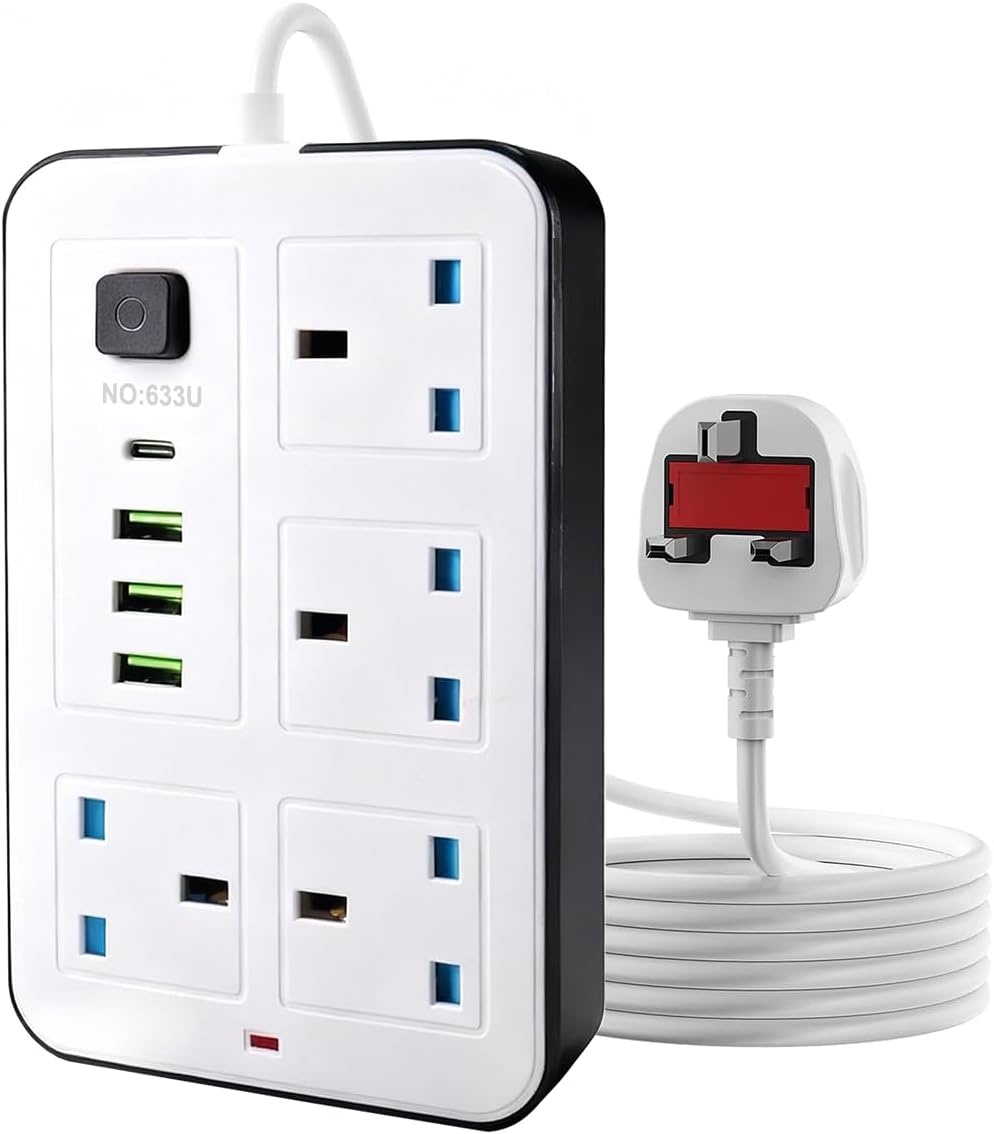 extension lead with usb slots 2500W -2m long cable - copper clips - 13A 220V - multi usb plug Cord UK - power strip with USB Socket, 8 in 1 mobile charging USB C PD 5V/2.1A