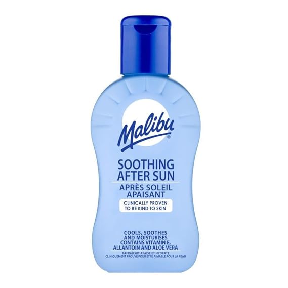 Malibu After Sun Lotion 3.4 fl oz Cooling Aloe Vera & Vitamin E Moisturizer for Sunburn Relief, Hydrating Post Sun Care for Face & Body, Fast-Absorbing, Made in UK