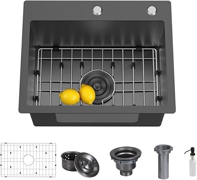 21 x 19 Inch Modern Drop In Kitchen Bar Sink, 304 Stainless Steel Black Single Bowl Topmount Sink, Nano Laundry RV Deep Workstation Sinks with Drain Strainer & Grid