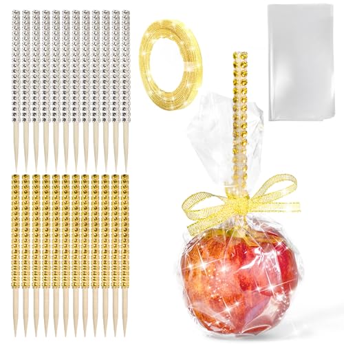 Betus 24 Pack Glitter Candy Apple Stick and Bags Kit - Including Glitter Ribbon, Bling Wooden Stick and Transparent Bags for for Caramel Chocolate Candy Apple, Rice Krispie, Treats Cookie and Cakes