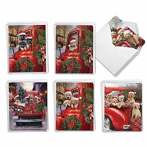 The Best Card Company - 36 Assorted Dog Christmas Notecards Bulk Boxed Set 4 x 5.12 Inch wEnvelopes 6 Designs, 6 Each Nostalgic Happy Holiday Variety Pack, Red Truck Puppies AM3375XSG-B6x6