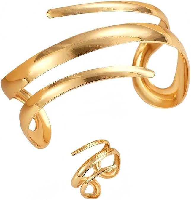 MIFYNN Chunky Gold Bangle Bracelets for Women Trendy Wide Cuff Bangles Bracelet and Ring set Open Non Tarnish Rings Stack Wrap Bracelet Dainty Snake Jewelry set for Mother's Day Wedding Birthdays