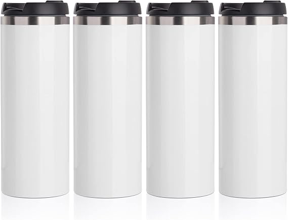 PYD Life Sublimation Tumblers Water Bottles 14 OZ White with Lid Stainless Steel Double Walled Coffee Tumblers Flasks for Tumbler Heat Press 4 Pack