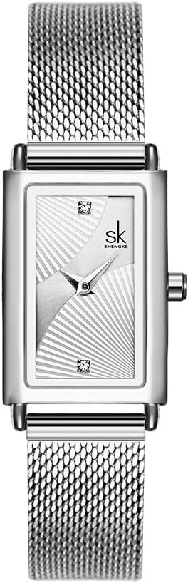 SHENGKE Women's Watch Rectangular Case Quartz Watch with Stainless Steel Milanese Mesh Band Business Casual Class Dress Watch