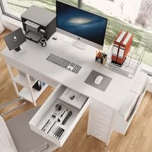 Computer Desk with Power Outlet, 47 inch Writing Desk with 7 Drawers and USB Ports, Study Desk with Large Storage for Home Office (Natural+White)