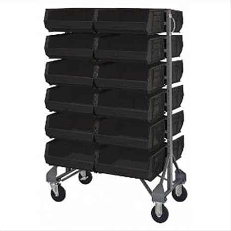 Quantum QRU-12D-250-24BK Double-Sided Display Rail Rack for Commercial Healthcare Retail Store | 1500 lbs Capacity | (12) Rails and (24) QUS250 Black Bins | 36"W x 20"D x 53"H, Gray, Carbon Steel