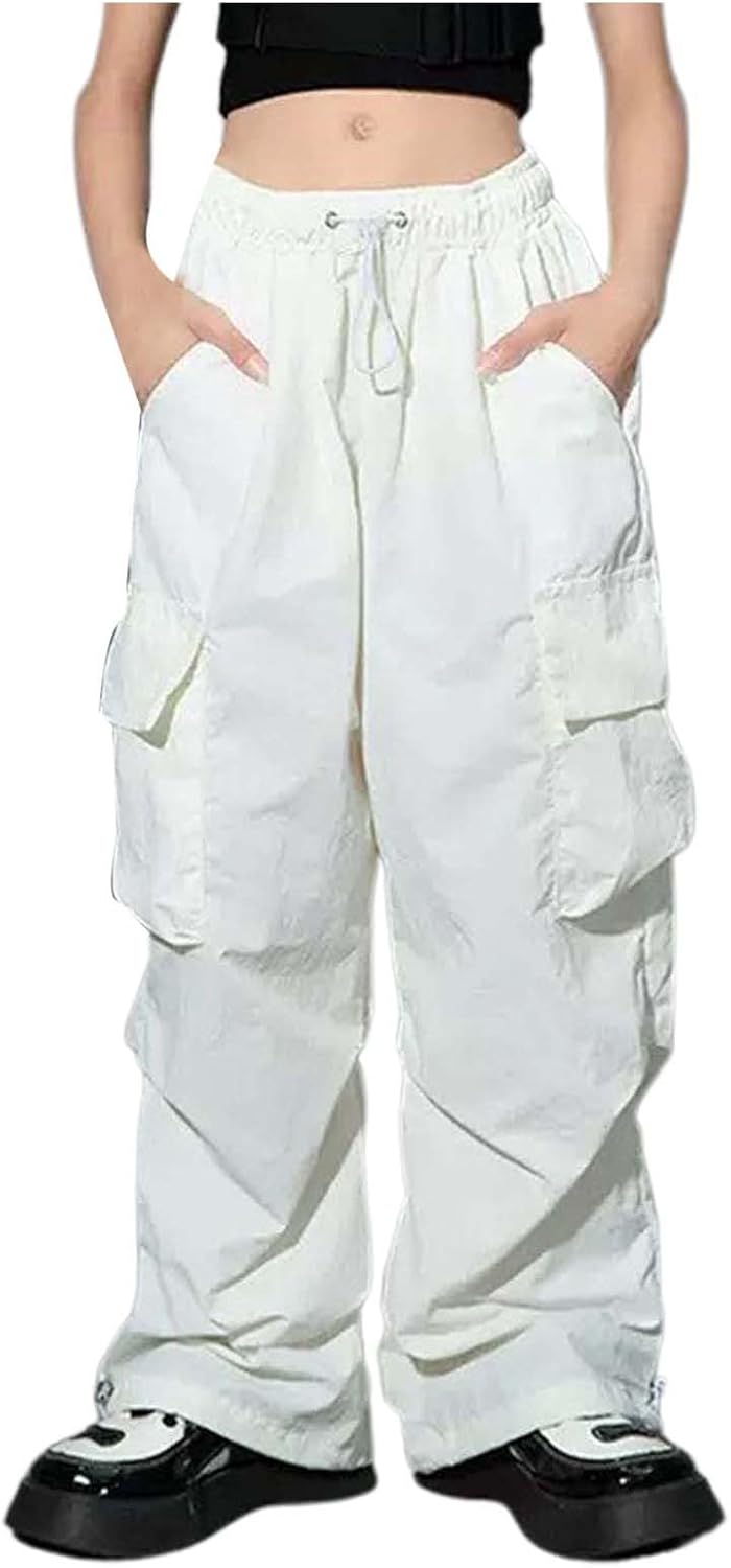 Girls Cargo Pants Wide Leg Pants Teen Kids Solid Drawstring Straight Joggers Trousers with Pockets 3-16 Years