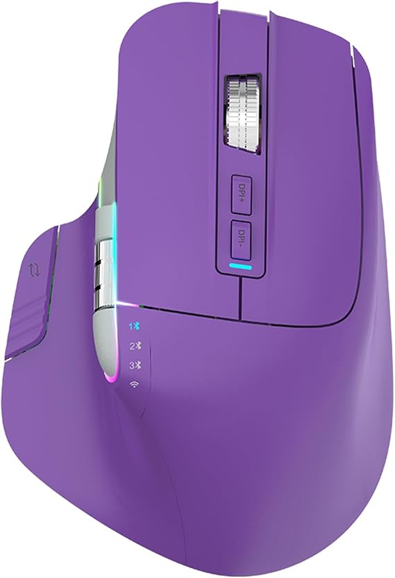 Wireless Ergonomic Gaming Mouse with Two Scroll Wheels, Tri-Mode | 2.4G/Bluetooth/Wired USB-C RGB LED Backlit 4-Level DPI Rechargeable Optical Mice for Computer/Laptop/Office/Gamer, Purple