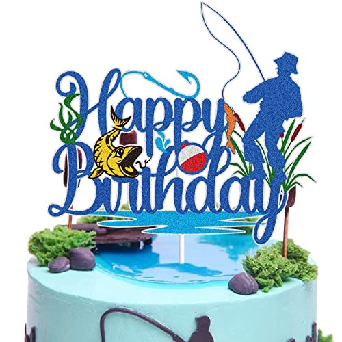 Gone Fishing Happy Birthday Cake Topper Blue Glitter Little Fisherman Seaweed Fish Hook Cake Decoration Bobber Fish Man Fishery Pole Fisher Party Supplies for Kids Boys Man