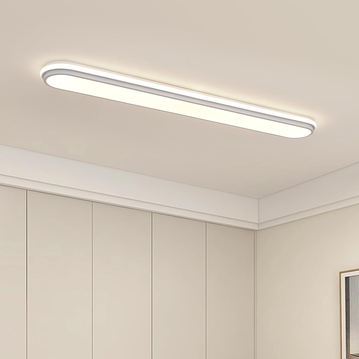 4Ft Smart LED Ceiling Light,Dimmable Modern Metal Linear LED Ceiling Lamp,Flush Mount Wraparound Shape Lighting Fixture with Remote Control for Kitchen Laundry, Garage Cloakroom Lighting 5-60 x2W [Energy Class B]