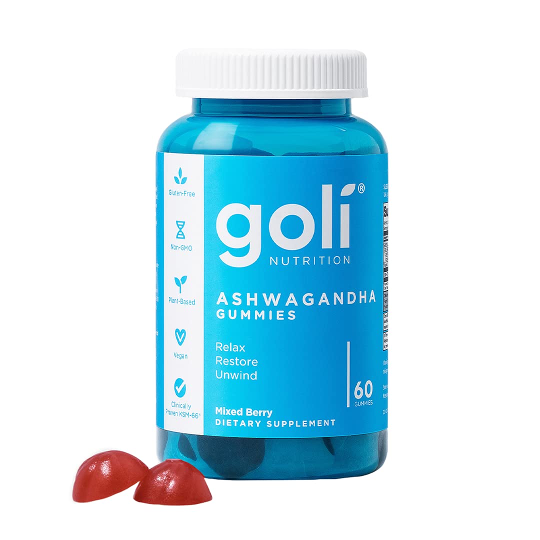 Goli Ashwagandha &amp; Vitamin D Gummy - 60 Count - Mixed Berry, KSM-66, Vegan, Plant Based, Non-GMO, Gluten-Free &amp; Gelatin Free Relax. Restore. Unwind, Pack of 1