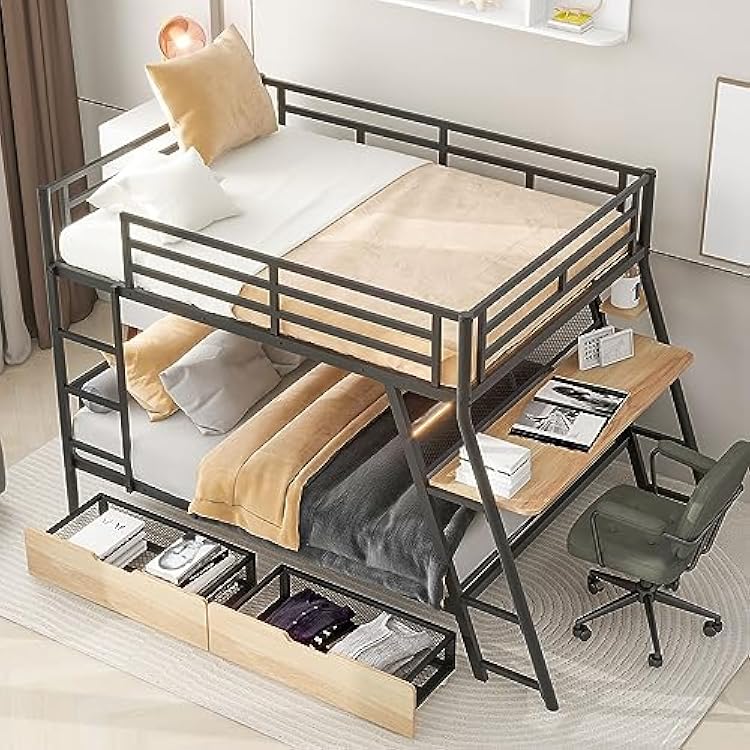 Flieks Full Over Full Metal Bunk Bed Frame with Built-in Desk, Light, 2 Drawers, Safety Guard Rails and Ladder, Heavy-Duty Steel Frame for Kids Teens Adults Black