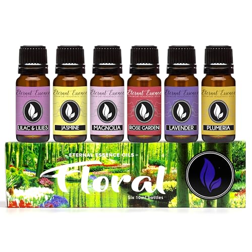 Eternal Essence Oils Floral Set of 6 Premium Fragrance Oils - Lavender, Lilac Lillies, Jasmine, Plumeria, Rose Garden, Magnolia Scented Oil - for Diffusers, Candle & Soap Making, Aromatherapy