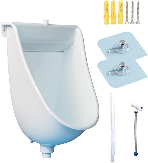 Simple Plastic Urinal for Men,Outdoor Temporary Urinals Adult Children White Urinals Public Toilets Urine Diverter,Bathroom Wall-Mounted Male Waterfree Urinals with Flush Valve and Hose