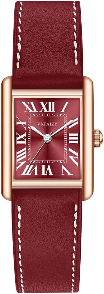 Rectangular Watch for Women with Vintage Roman Number and Leather Strap