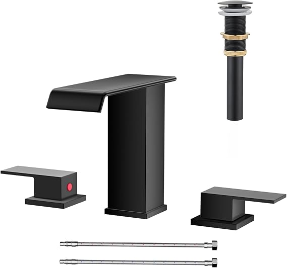 AVSIILE Matte Black Waterfall Bathroom Faucet 3 Hole, 8 Inch Widespread Modern 3 Piece Bathroom Sink Faucet, Touch On Lavatory Faucet for Vanity RV Restroom, Straight Spout