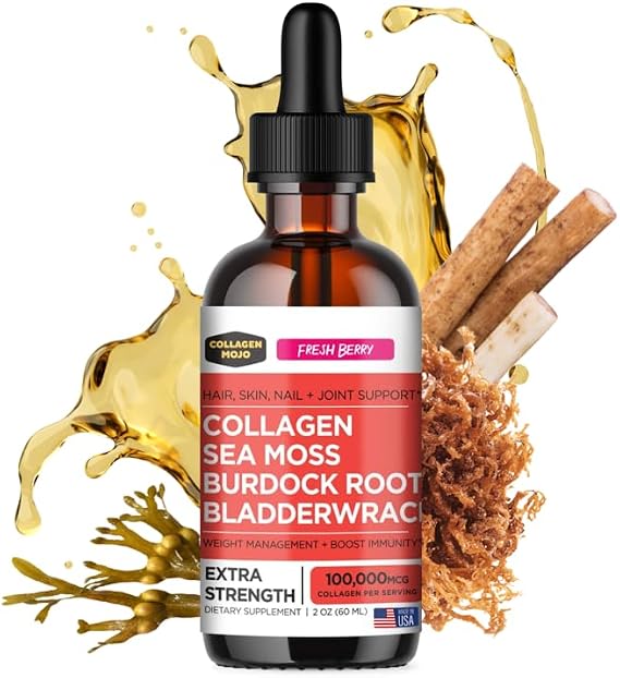 Colageno Hidrolizado para Mujeres y Hombres con Musgo Marino, Raiz de Bardana y Bladderwrack. para el Cabello, Piel, Unas y Articulaciones. Control de Peso y Refuerzo de inmunidad. 2 oz.