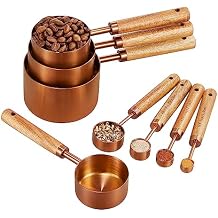 Copper Stainless Steel Measuring Cups and Spoons Set of 8, Wooden Handle with US Measurements, Metric Cups and Spoons for cooking and baking