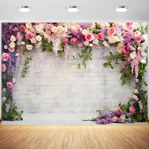 10x8ft Wedding Backdrop Rustic White Brick Wall Flowers Photography Background Bridal Shower Wedding Party Adults Portraits Decoration Supplies Photo Booth Props