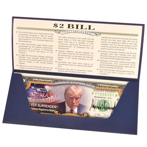 Donald Trump 2 Dollar Bill Trump Never Surrender Colorized Mugshot $2 Bill Uncirculated Commemorative Coin Trump Merchandise, Green